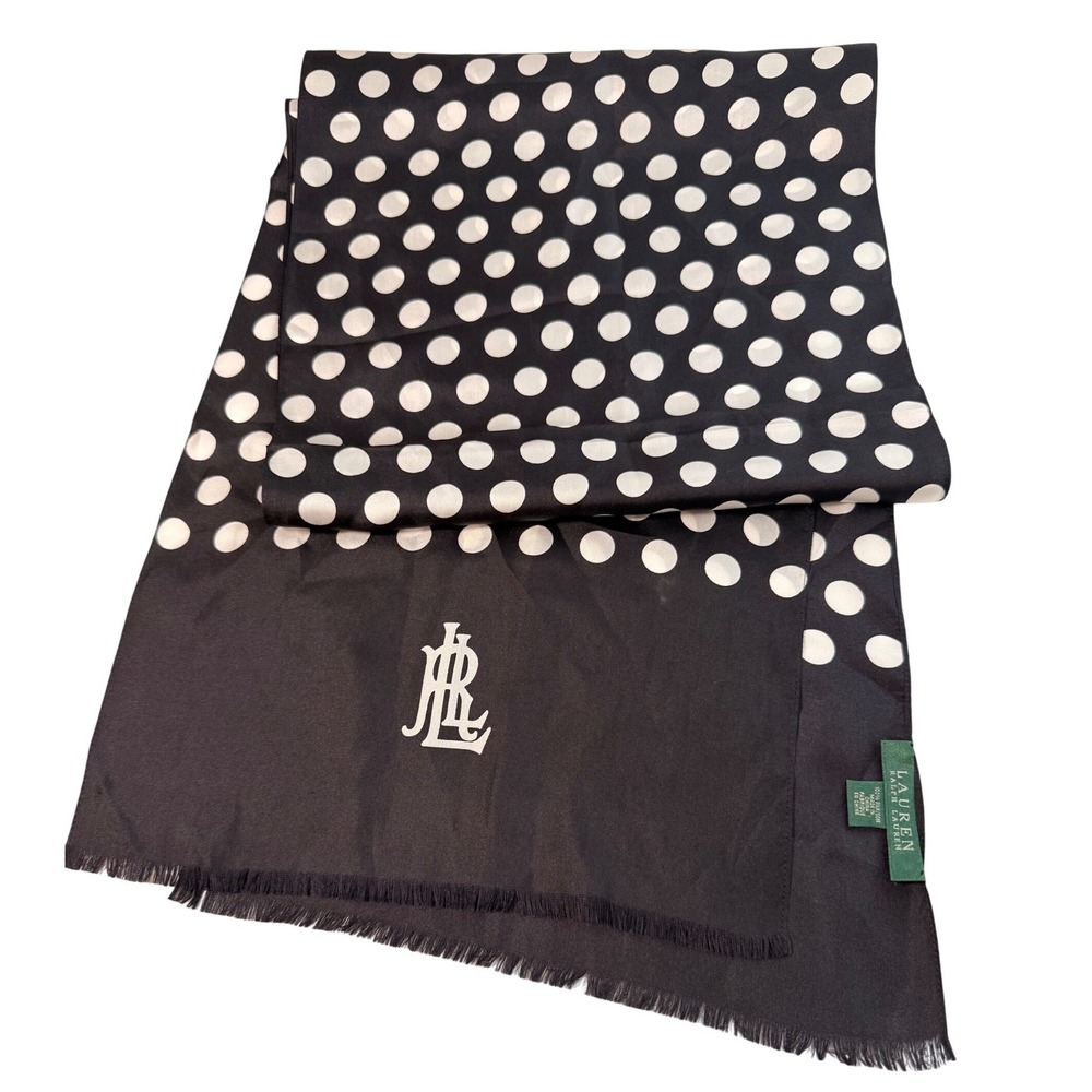 Lauren Ralph Lauren 100% Silk Scarf Black White Polka Dot Monogram Logo Fringe